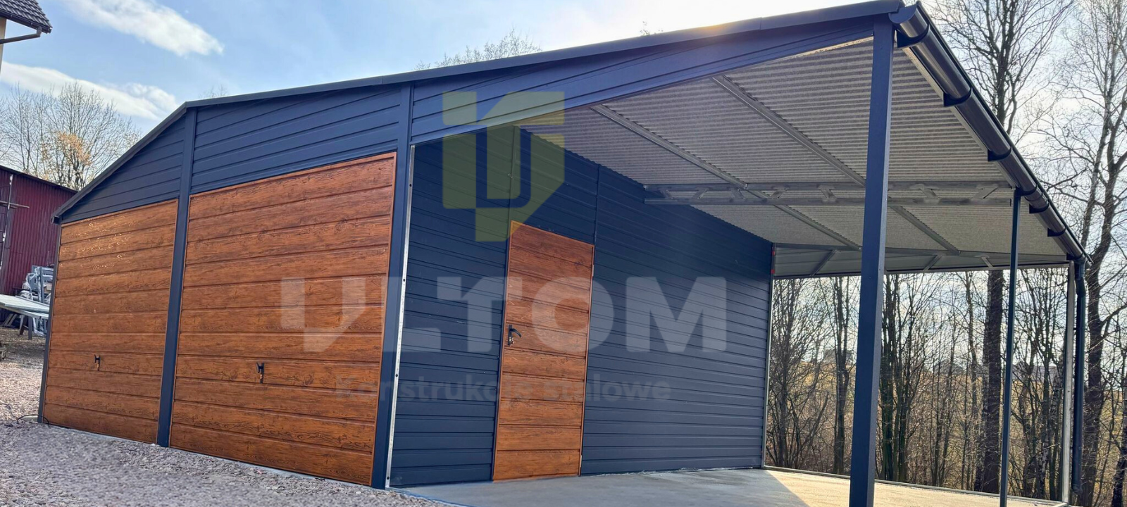 Garaż 6x6m z boczną wiatą 3x6m | dwuspadowy | kolor RAL Garaż 6x6m z boczną wiatą 3x6m | dwuspadowy | kolor RAL