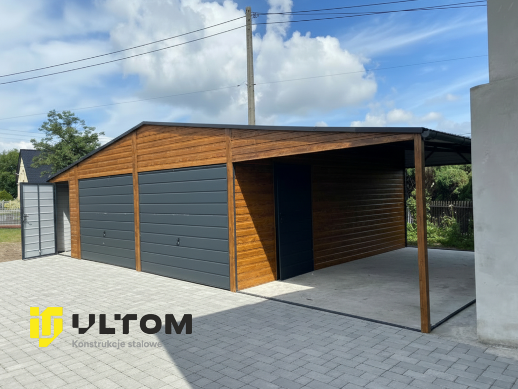 Garaż 8m x 5,5 m | dwuspadowy +wiata 3m x 5,5m kolor drewnopodobny + ral 7016
