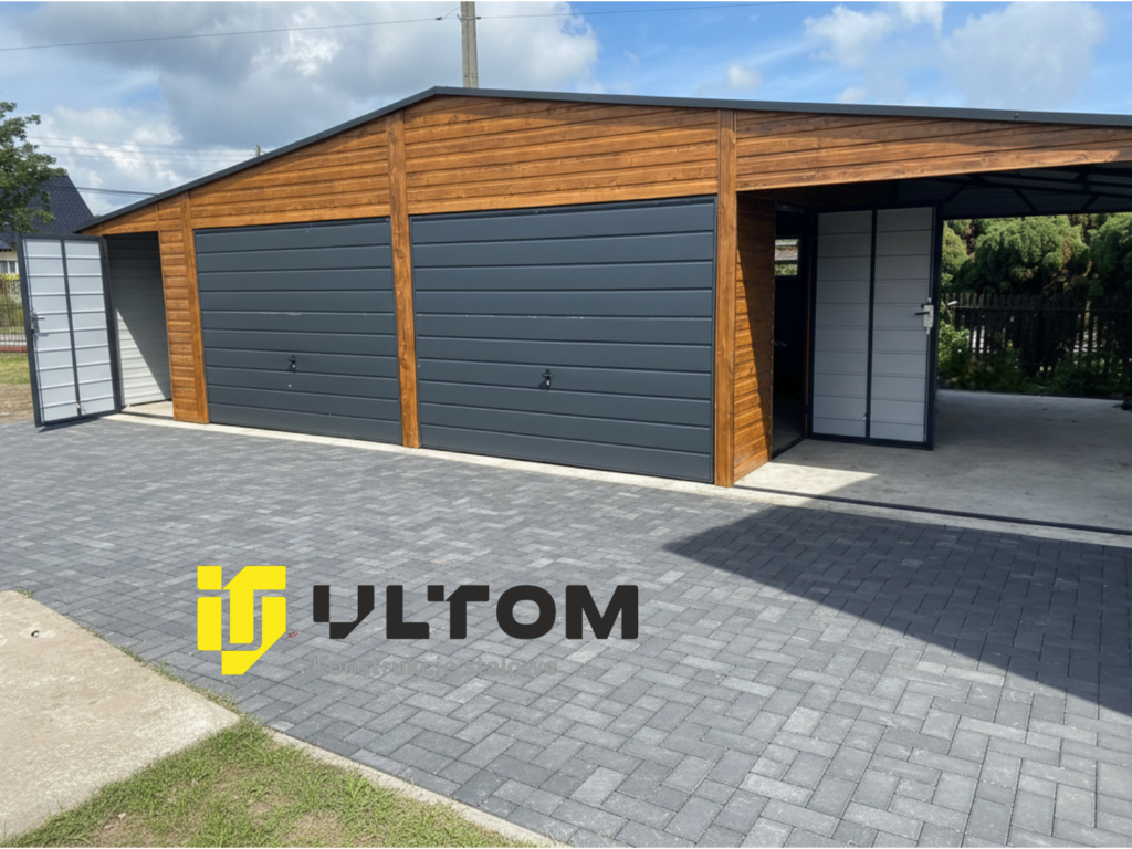 Garaż 8m x 5,5 m | dwuspadowy +wiata 3m x 5,5m kolor drewnopodobny + ral 7016