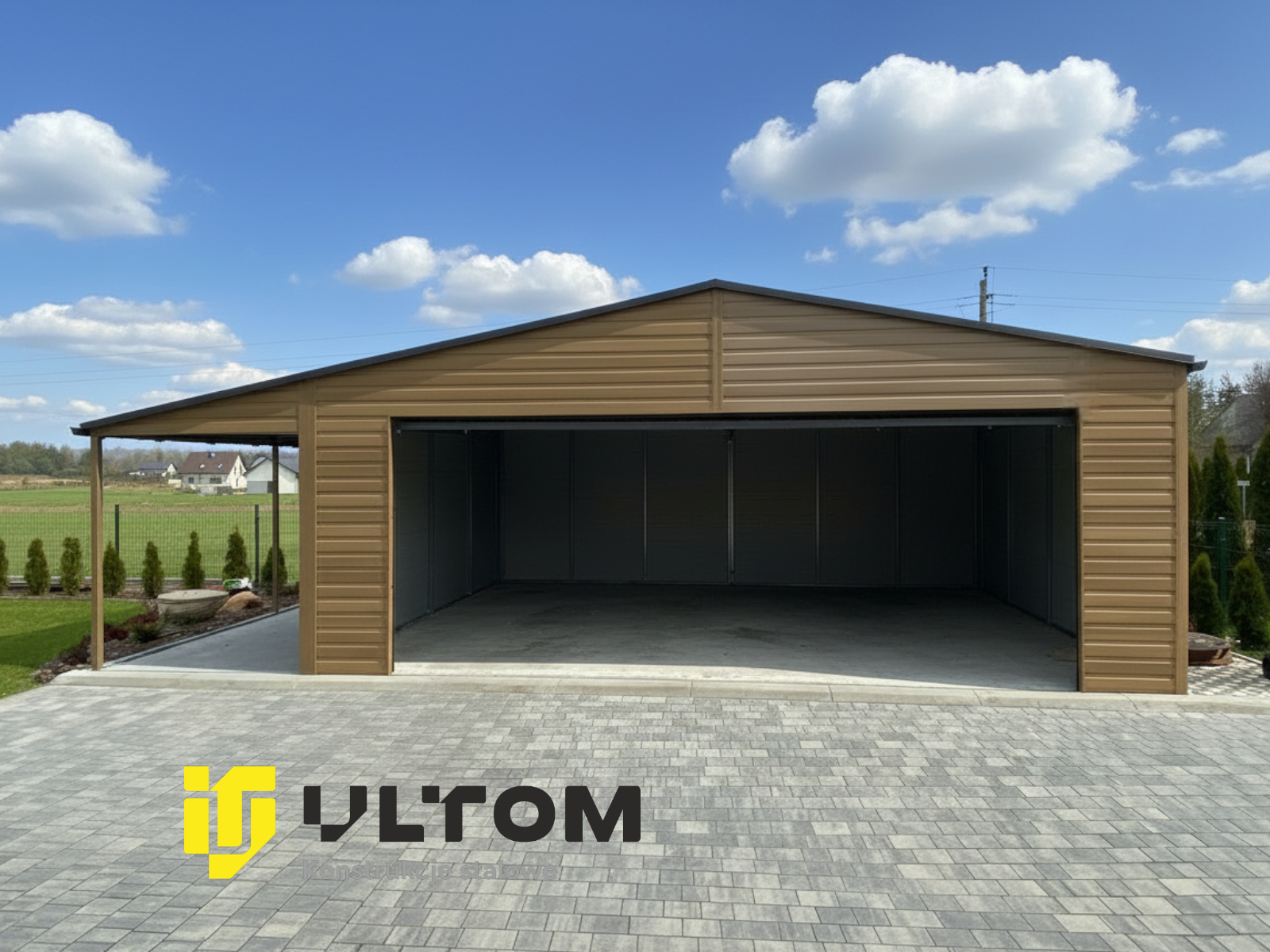 Garaż 6m x 5m | dwuspadowy z wiatą 2m x 5m | kolor drewnopodobny|segmentowa Garaż 6m x 5m | dwuspadowy z wiatą 2m x 5m | kolor drewnopodobny|segmentowa