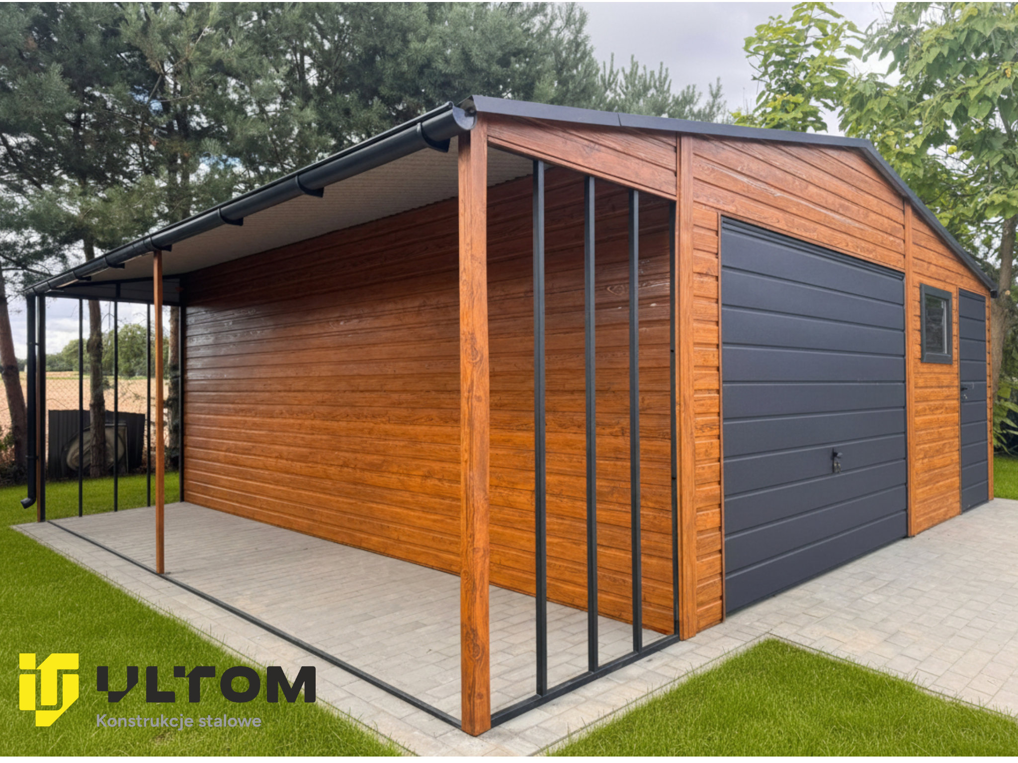 Garaż 6m x 7m | dwuspadowy + drewutnia 1,5m x 7m kolor drewnopodobny + ral 7016 Garaż 6m x 7m | dwuspadowy + drewutnia 1,5m x 7m kolor drewnopodobny + ral 7016