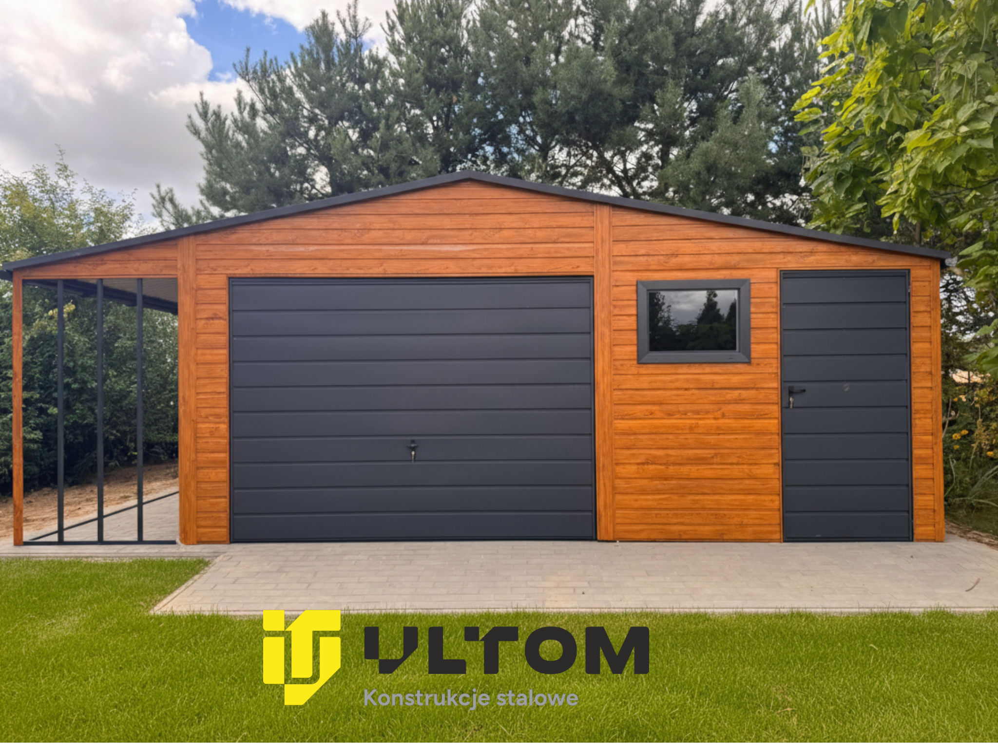 Garaż 6m x 7m | dwuspadowy + drewutnia 1,5m x 7m kolor drewnopodobny + ral 7016 Garaż 6m x 7m | dwuspadowy + drewutnia 1,5m x 7m kolor drewnopodobny + ral 7016