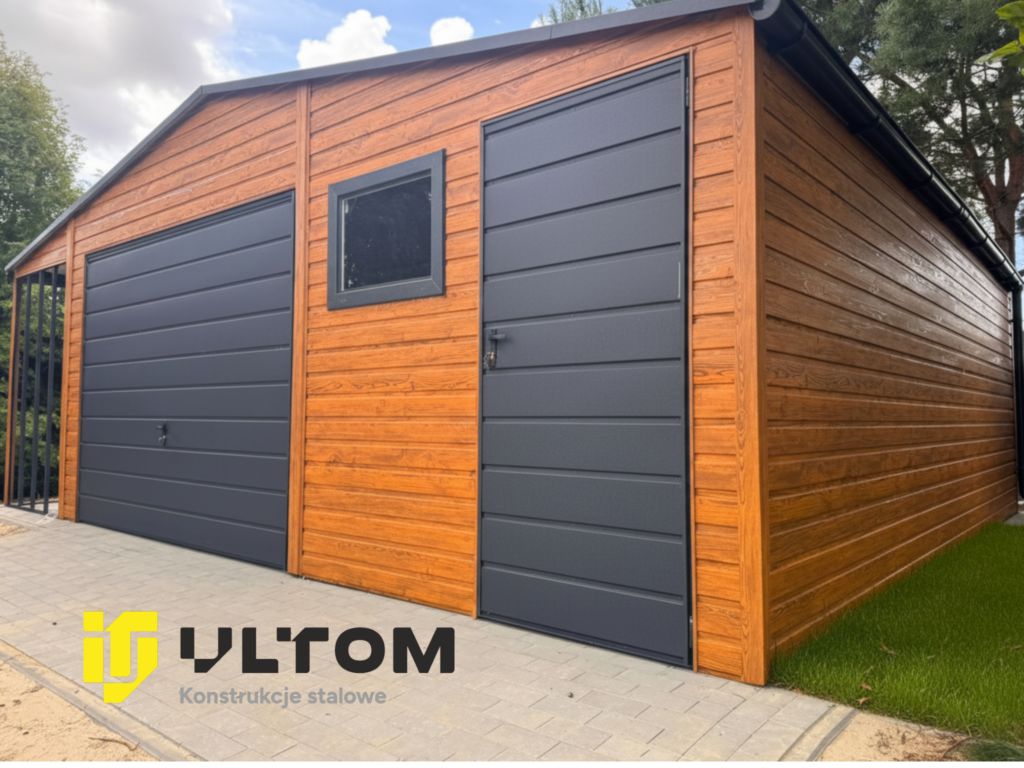 Garaż 6m x 7m | dwuspadowy + drewutnia 1,5m x 7m  kolor drewnopodobny + ral 7016