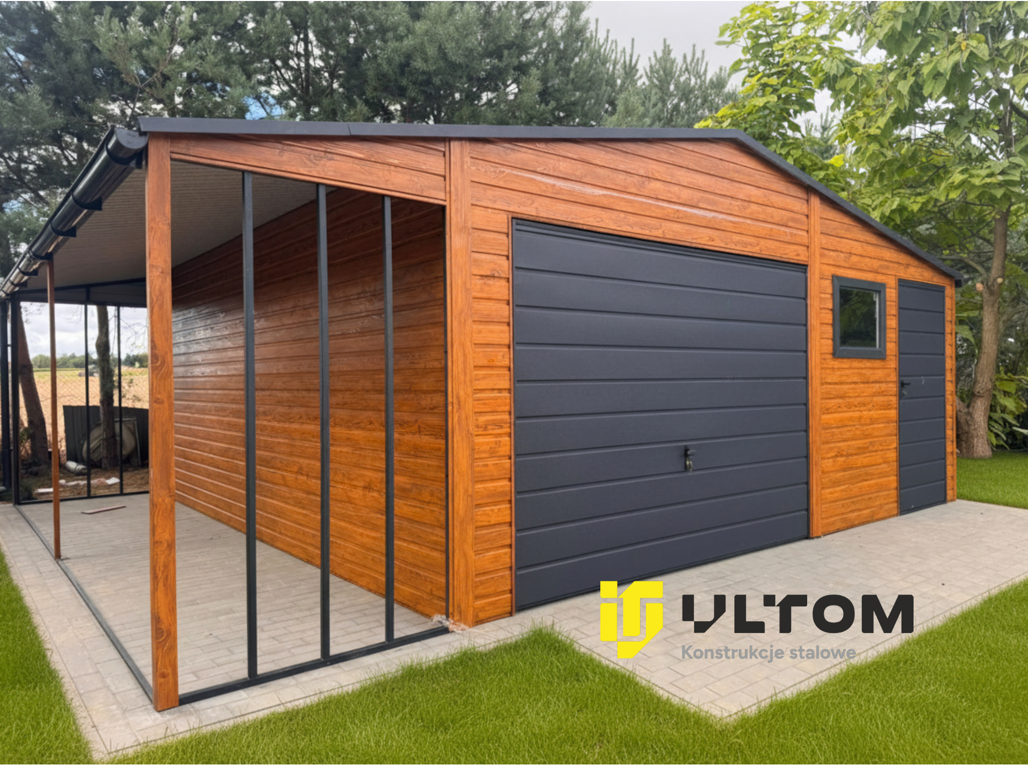 Garaż 6m x 7m | dwuspadowy + drewutnia 1,5m x 7m  kolor drewnopodobny + ral 7016